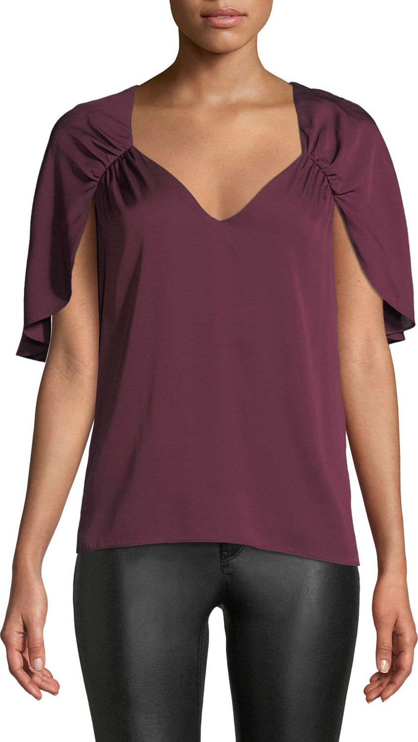 MILLY Romy V-Neck Cape-Back Stretch-Silk Top