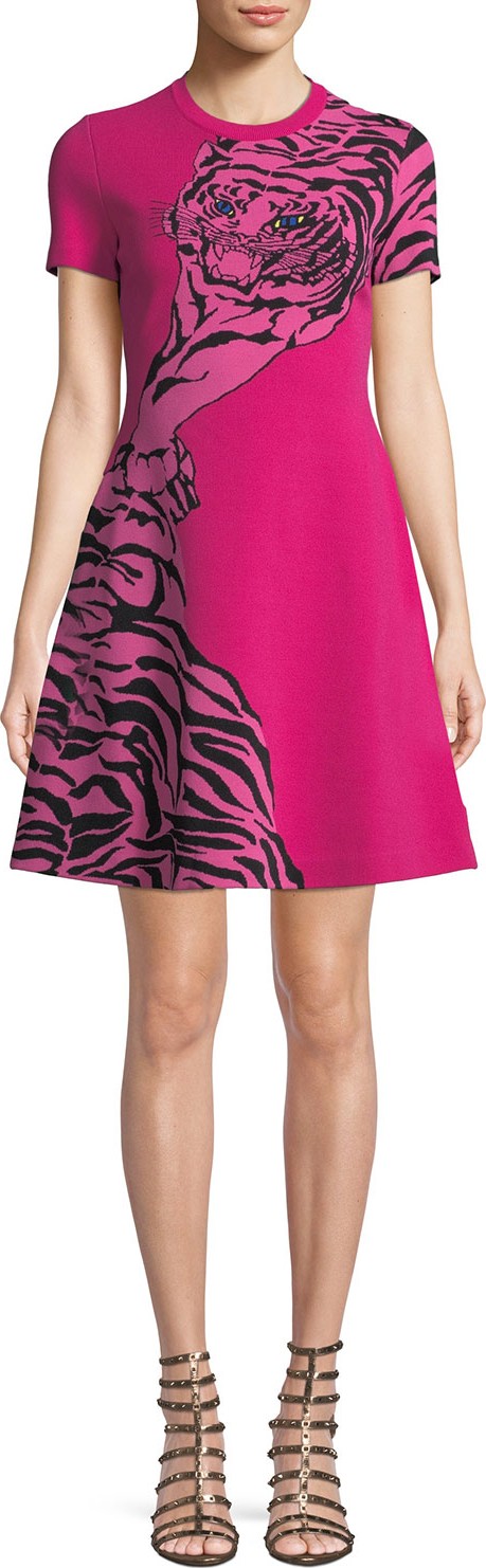 Valentino Short-Sleeve Tiger-Jacquard A-Line Mini Dress
