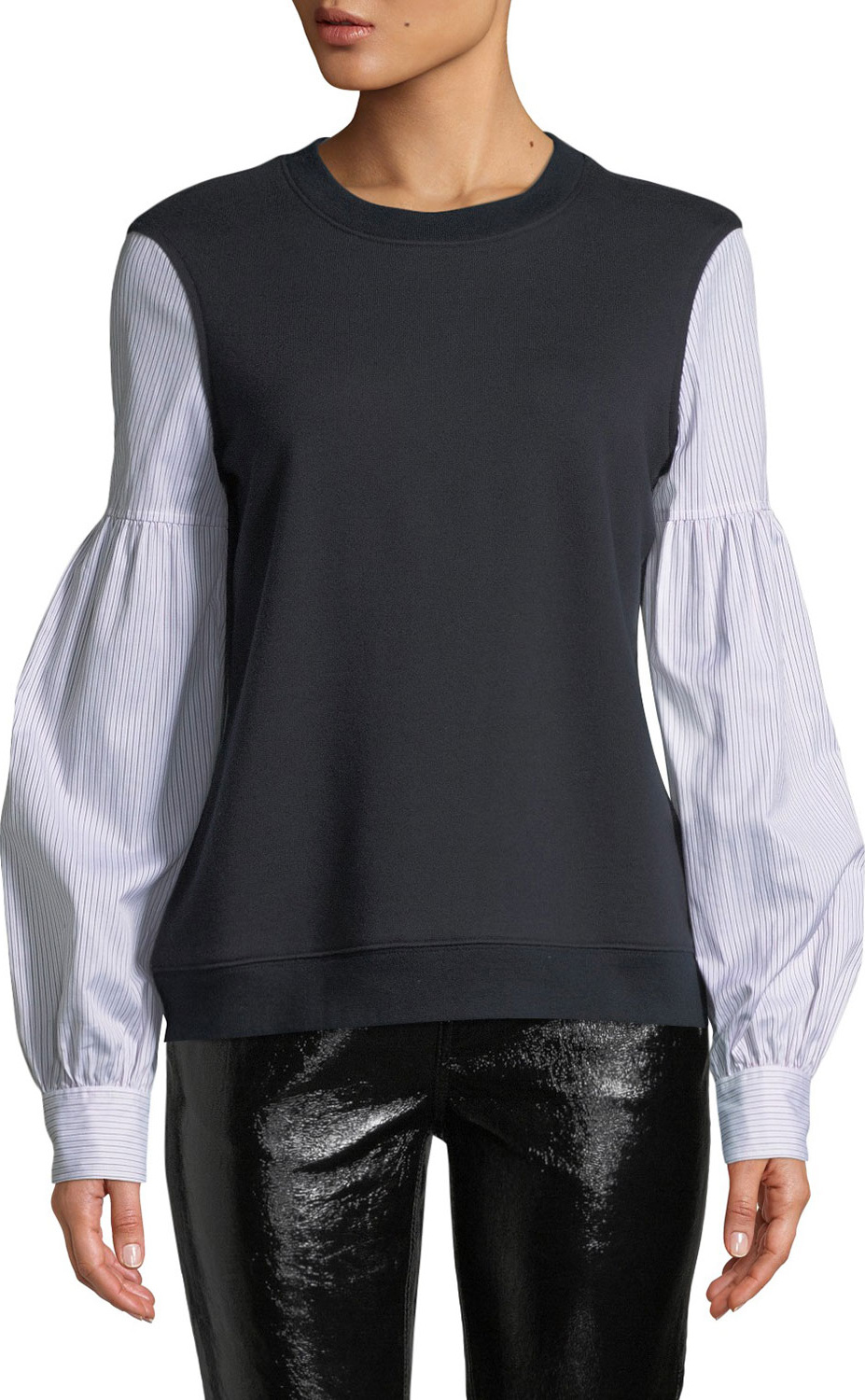 Derek Lam 10 Crosby Poplin-Sleeve Crewneck Pullover Sweatshirt