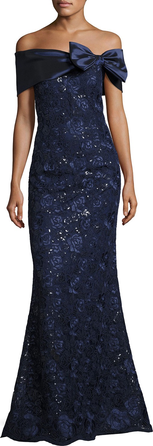 Rickie Freeman for Teri Jon Off-the-Shoulder Embroidered Mermaid Gown, Navy