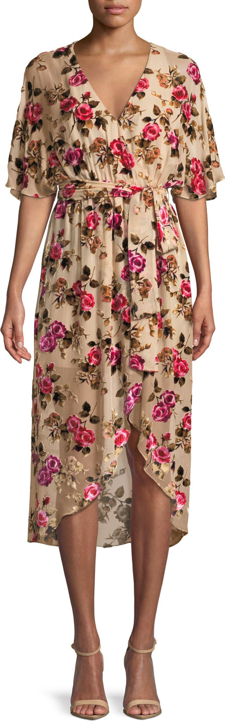 Alice + Olivia Clarine Floral-Burnout Wrap Dress with Oversize Sleeves