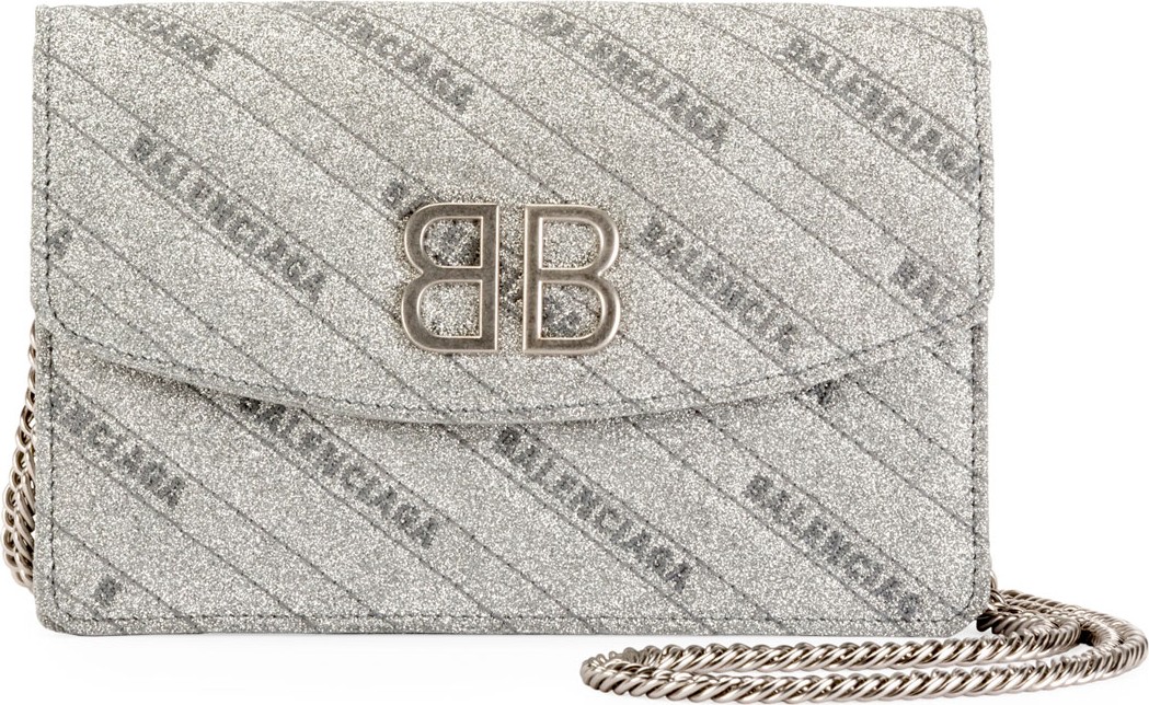 Balenciaga BB Glittered Leather Wallet On Chain