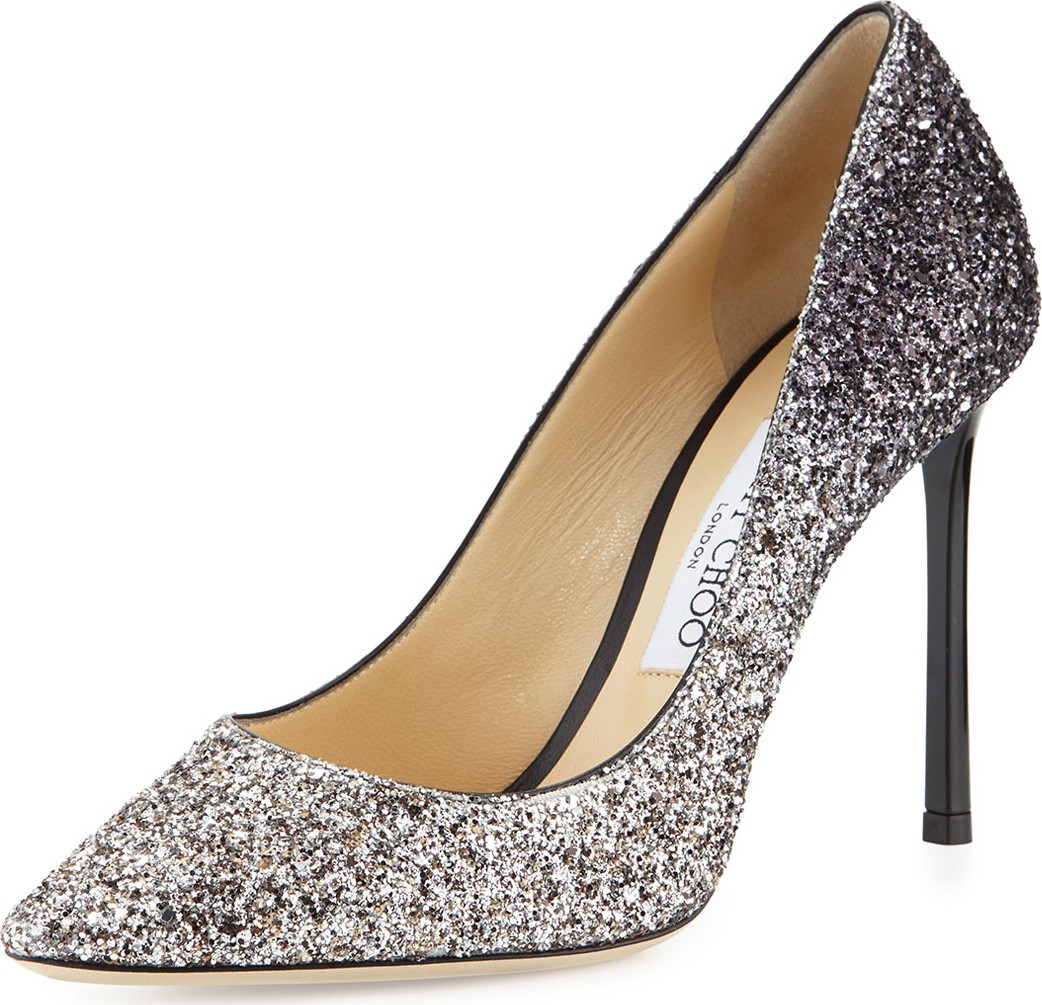Jimmy Choo Romy Glitter Pointed-Toe 100mm Pumps, Light Mocha/Black