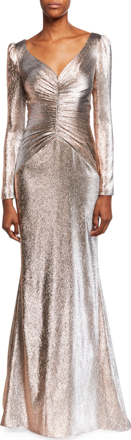 Theia V-Neck Long-Sleeve Lame Mermaid Gown w/ Shirred Bodice