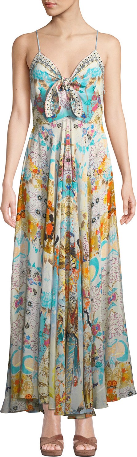 Camilla Printed Embellished Tie-Front Long Dress