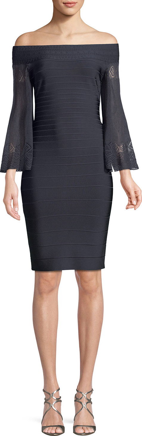 Herve Leger Off-the-Shoulder Bandage Cocktail Dress with Knit Arms
