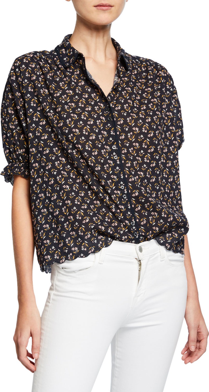 THE GREAT. The Whistle Floral Scalloped Button-Front Top