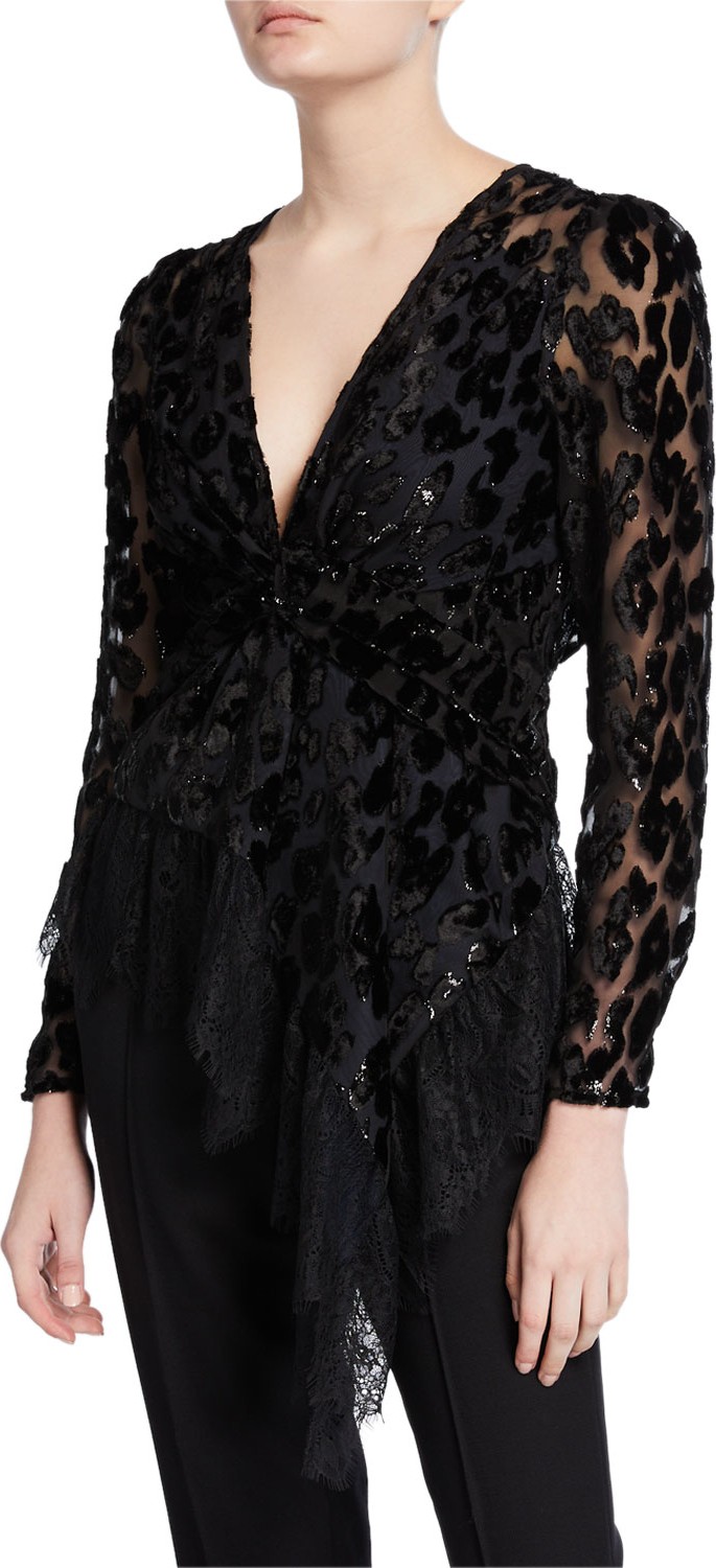 Self Portrait Twisted Metallic Peplum Top with Lace