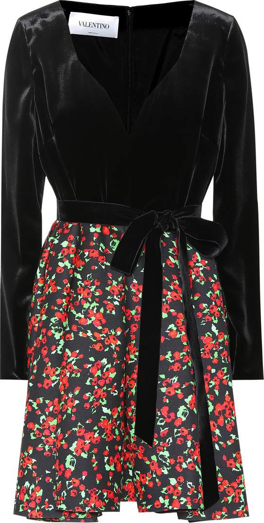 Valentino Floral-printed velvet and crêpe dress