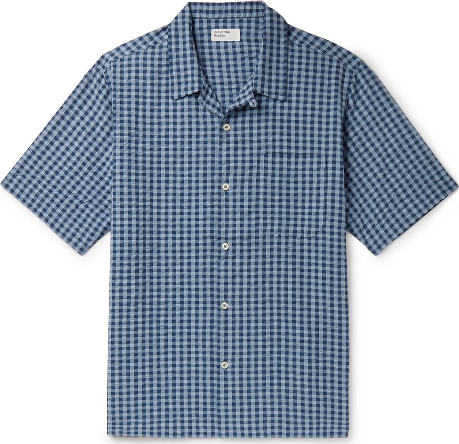 Universal Works Camp-Collar Checked Cotton-Seersucker Shirt