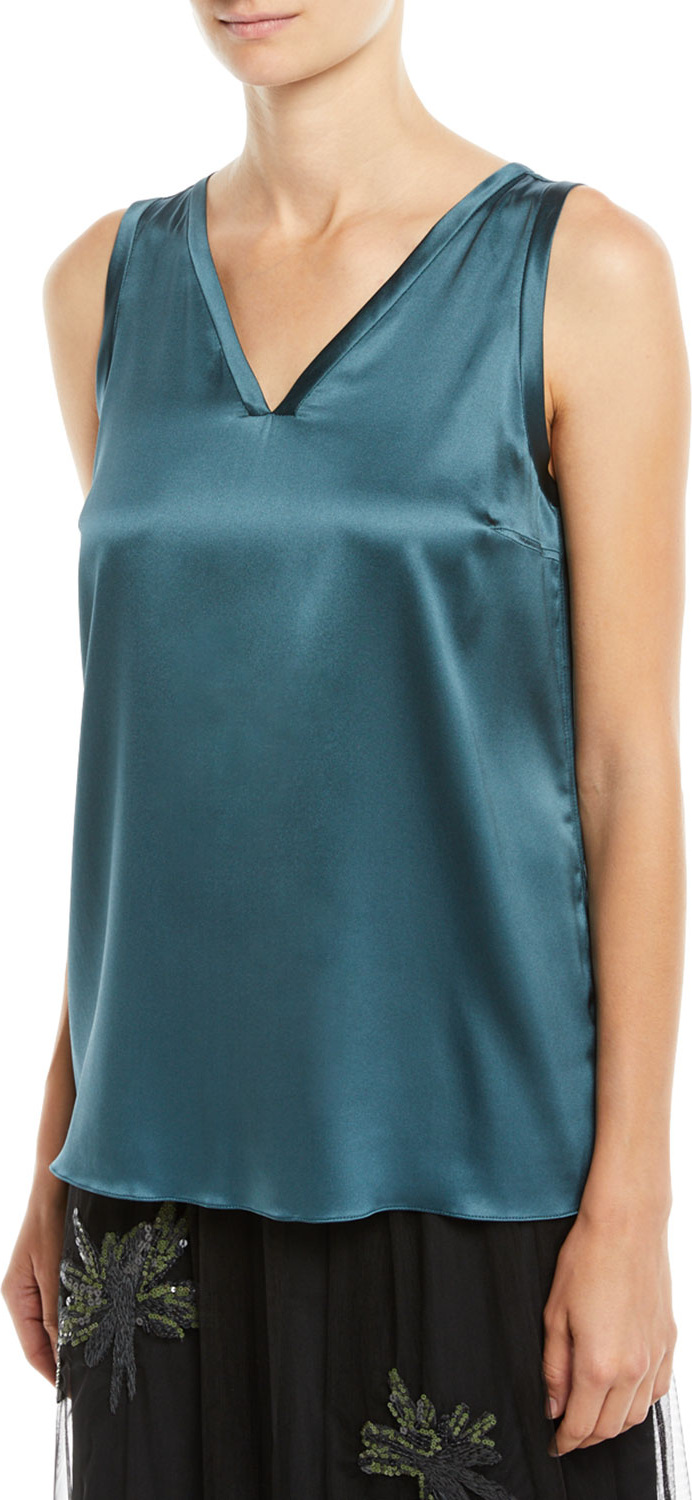 Brunello Cucinelli Silk-Stretch Satin Scoop-Neck Tank Top