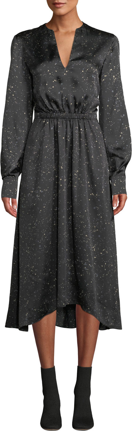 Vince Constellation-Print Satin V-Neck Long-Sleeve Dress