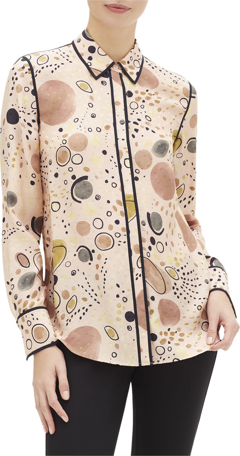 Lafayette 148 New York Scottie Surrealist Circles Print Button-Down Silk Blouse