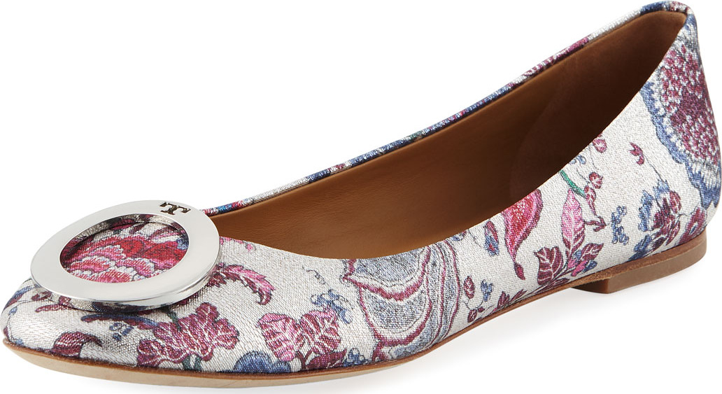 Tory Burch Caterina Ring-Buckle Floral Jacquard Ballet Flats