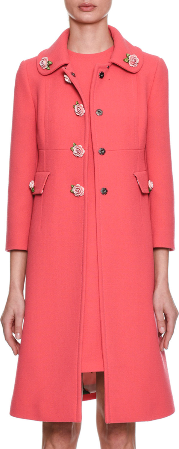 Dolce & Gabbana Single-Breasted Crepe Wool Coat w/ Rose Appliqués