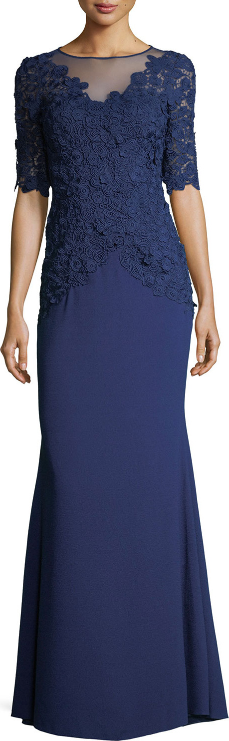 Rickie Freeman for Teri Jon Elbow-Sleeve Lace Mermaid Evening Gown