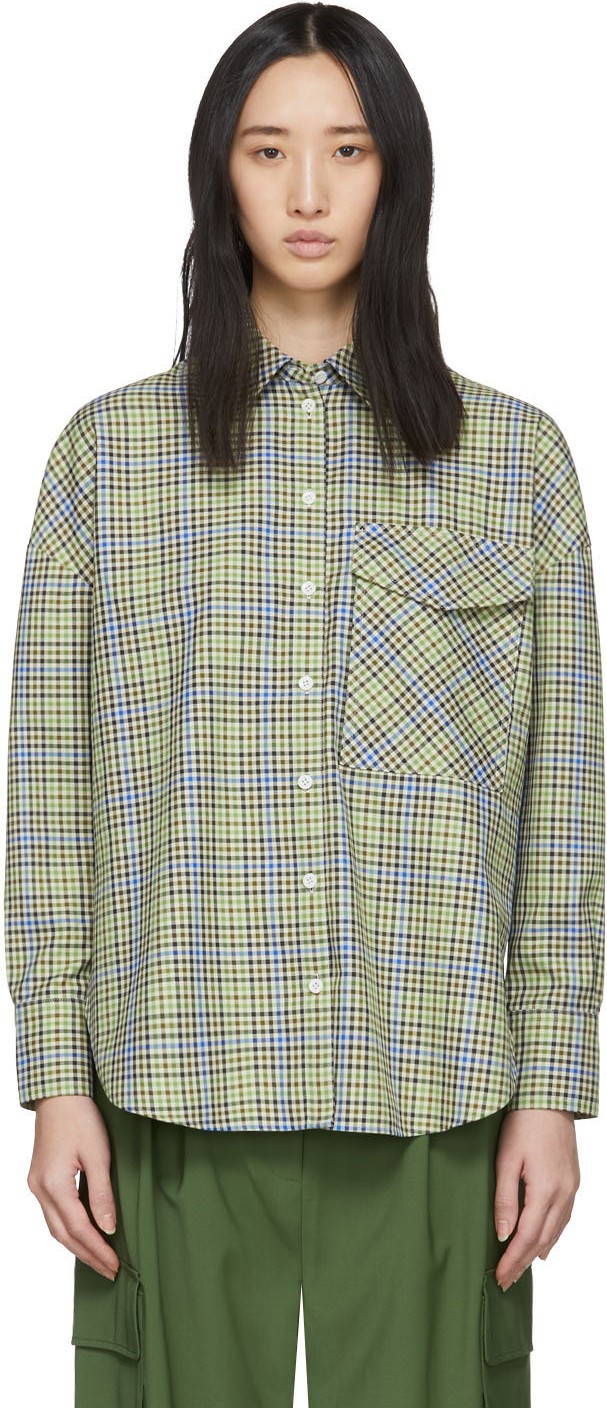 Tibi Green & Beige Recycled Check Relaxed Utility Shirt