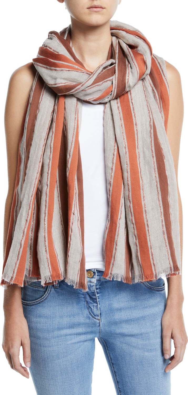 Brunello Cucinelli Metallic Striped Cotton/Linen Scarf