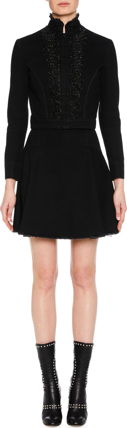 Alexander McQueen High-Neck Beaded Long-Sleeve Denim Jacket