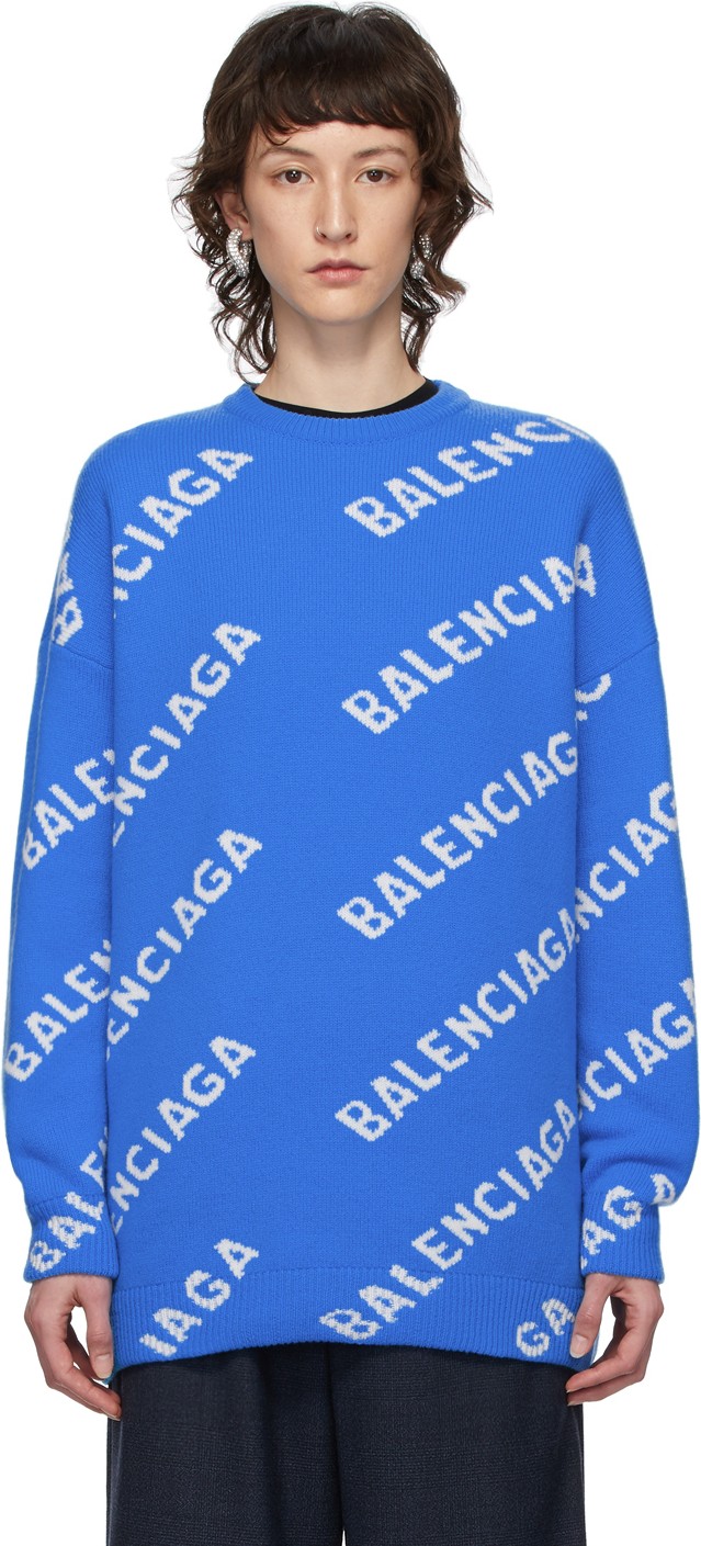 Balenciaga Blue & White All Over Logo Sweater