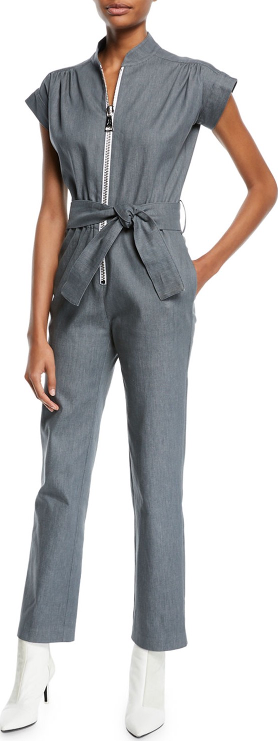 Carolina Ritzler Large-Zip Cap-Sleeve Straight-Leg Denim Jumpsuit
