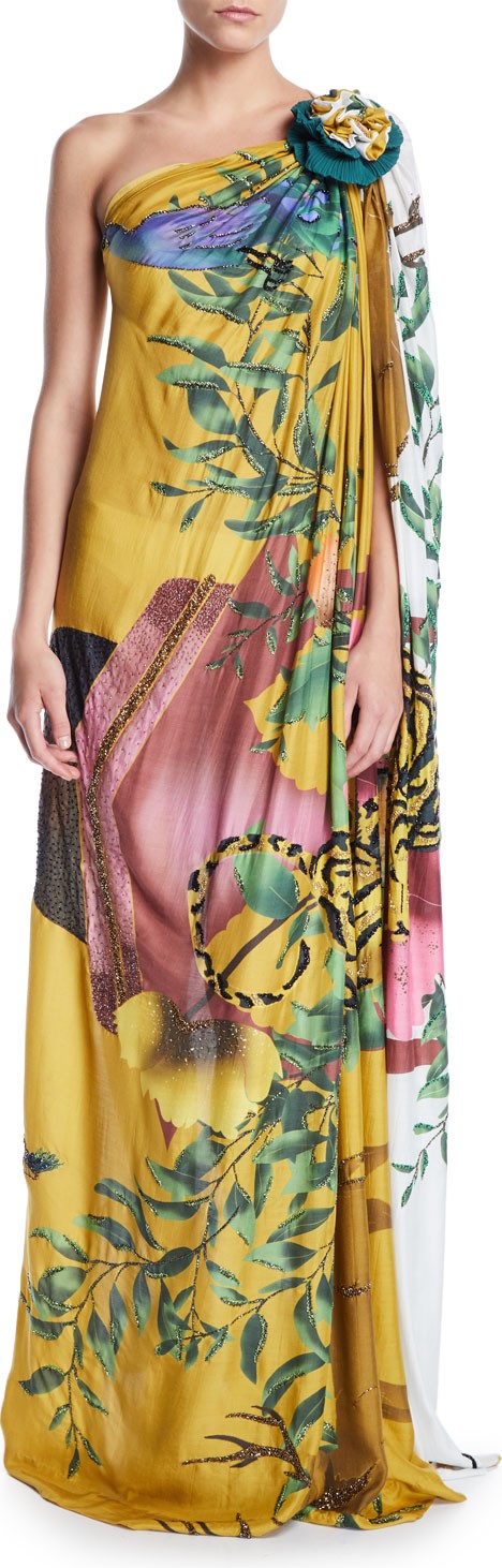 VERANDAH Hand-Beaded Tiger One-Shoulder Toga Dress