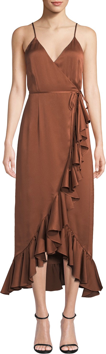 Shona Joy Oro Sleeveless Surplice Satin Wrap Dress w/ Ruffle Trim & Hem