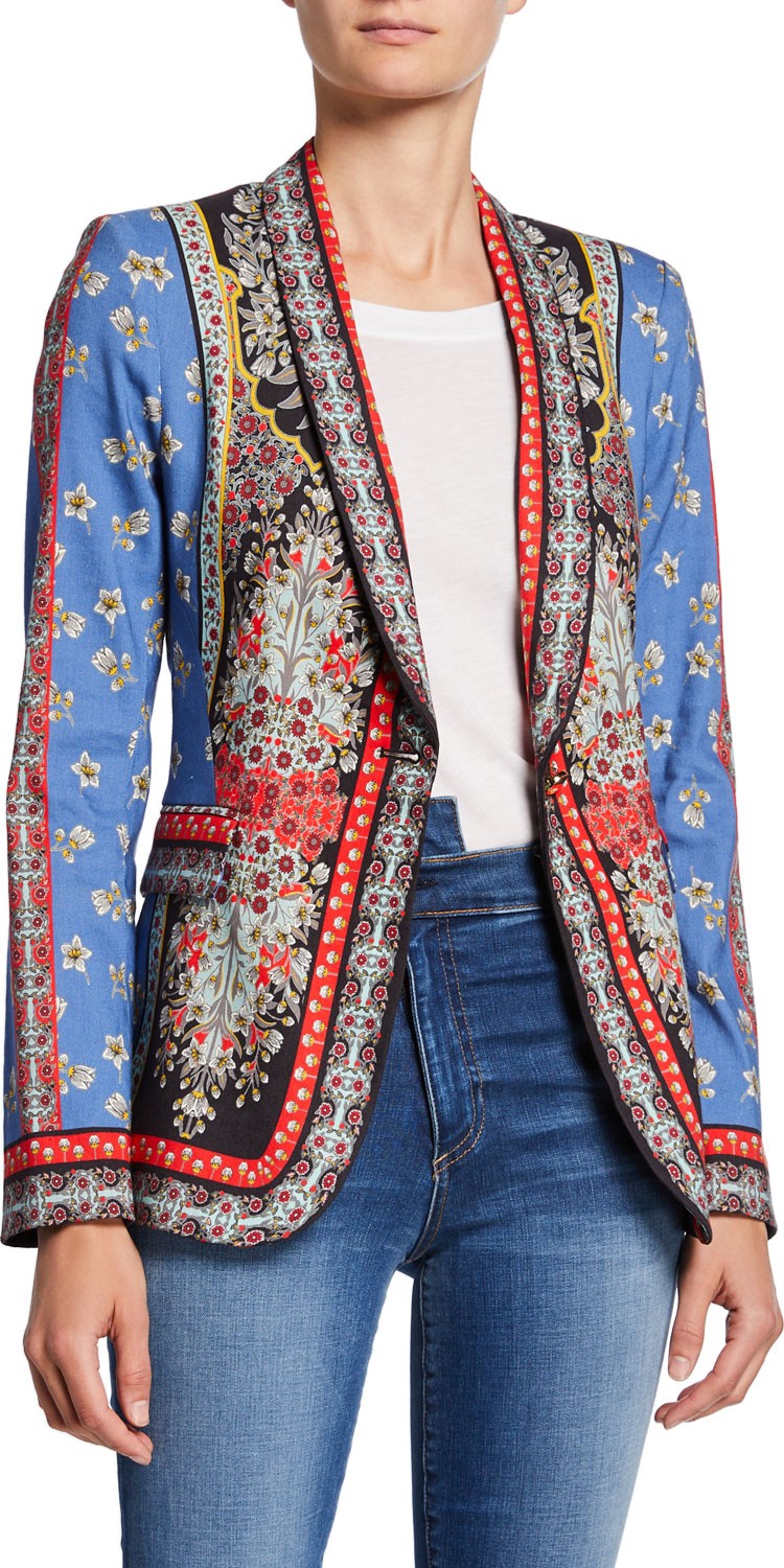 Alice + Olivia Macey Fitted Strong-Shoulder Patchwork Blazer