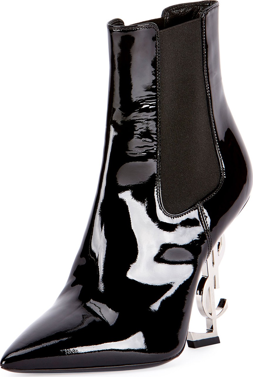 Saint Laurent Opyum Patent Booties with Monogram YSL Heel, Black/Silver