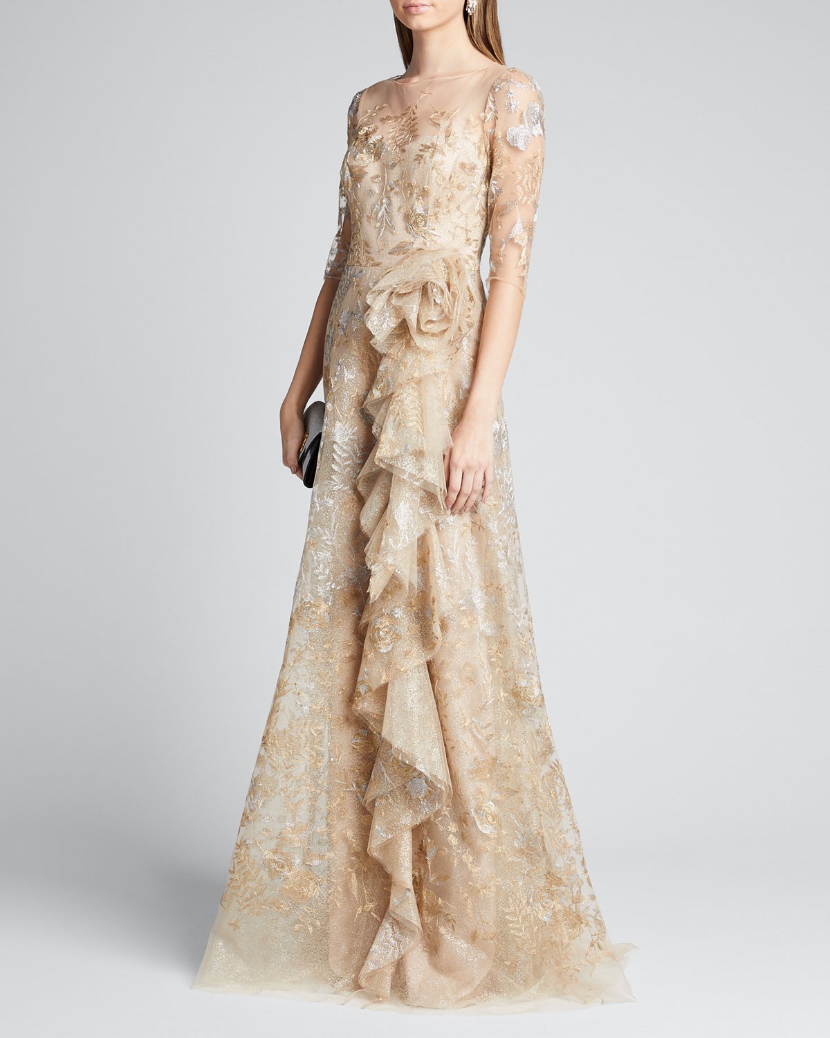 Rickie Freeman for Teri Jon Metallic Lace Elbow-Sleeve Side-Ruffle A-Line Gown