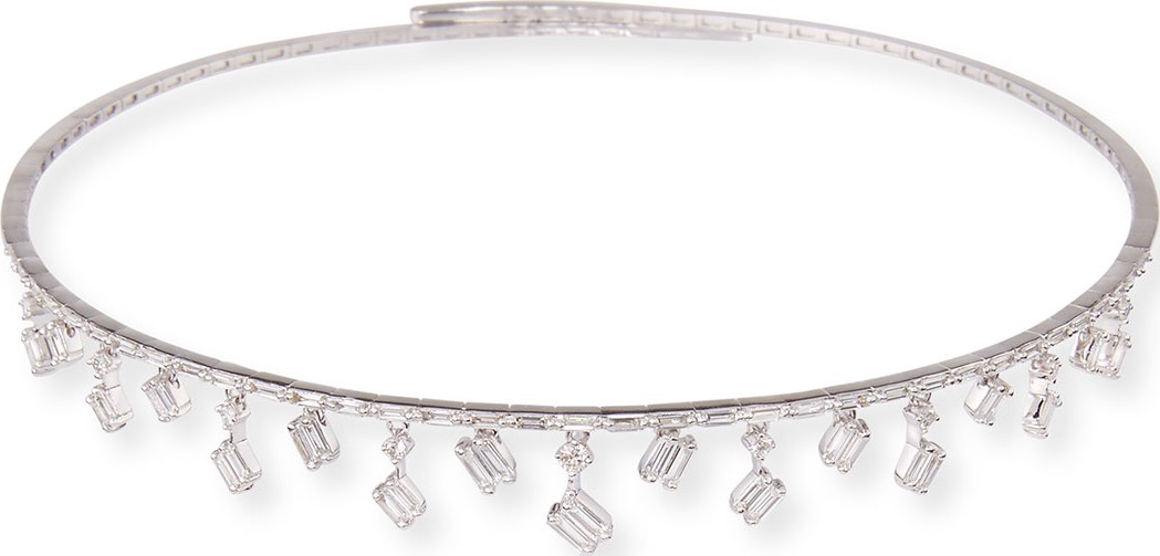 Suzanne Kalan Dangling Baguette Diamond Choker Necklace in 18K White Gold