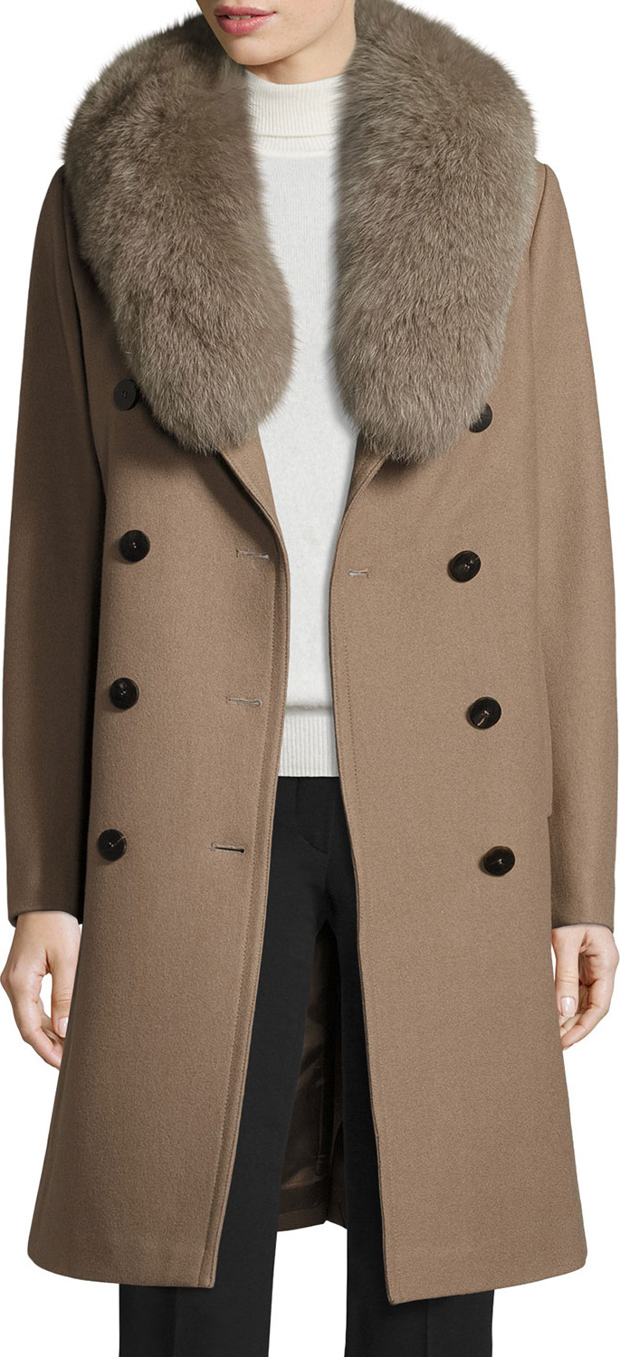 Elie Tahari Long Double-Breasted Pea Coat w/ Fox Fur Collar, Musk