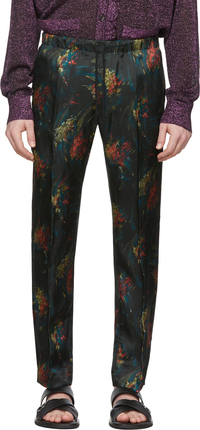 Dries Van Noten Black & Multicolor Floral Perkino Trousers