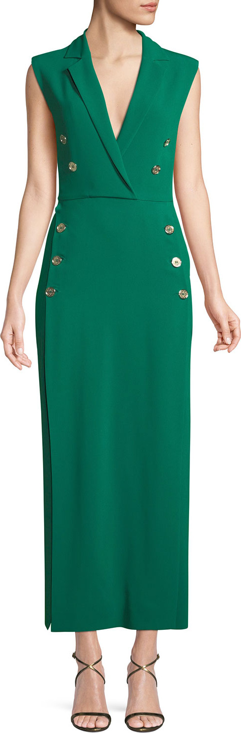 ELIE SAAB Sleeveless Wrapped Long Crepe Dress w/ Buttons