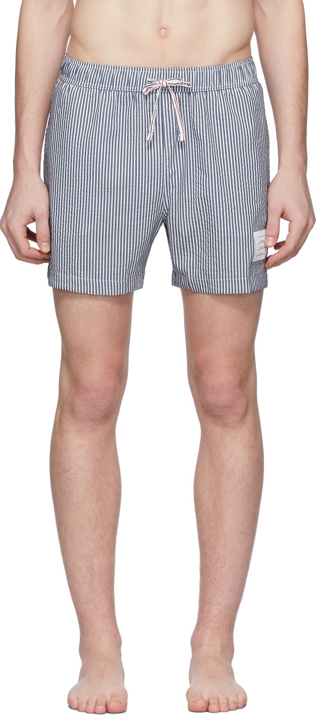 Thom Browne Navy & White Striped Seersucker Drawcord Shorts