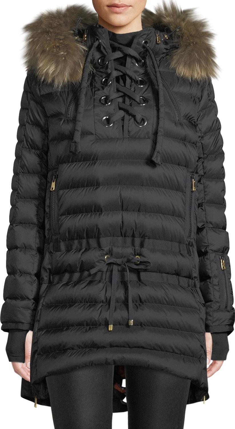 Bogner Debby Down Puffer Coat w/ Removable Fur Trim & Laces