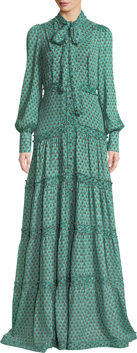 Alexis Margeaux Printed Button-Front Tie-Neck Maxi Dress