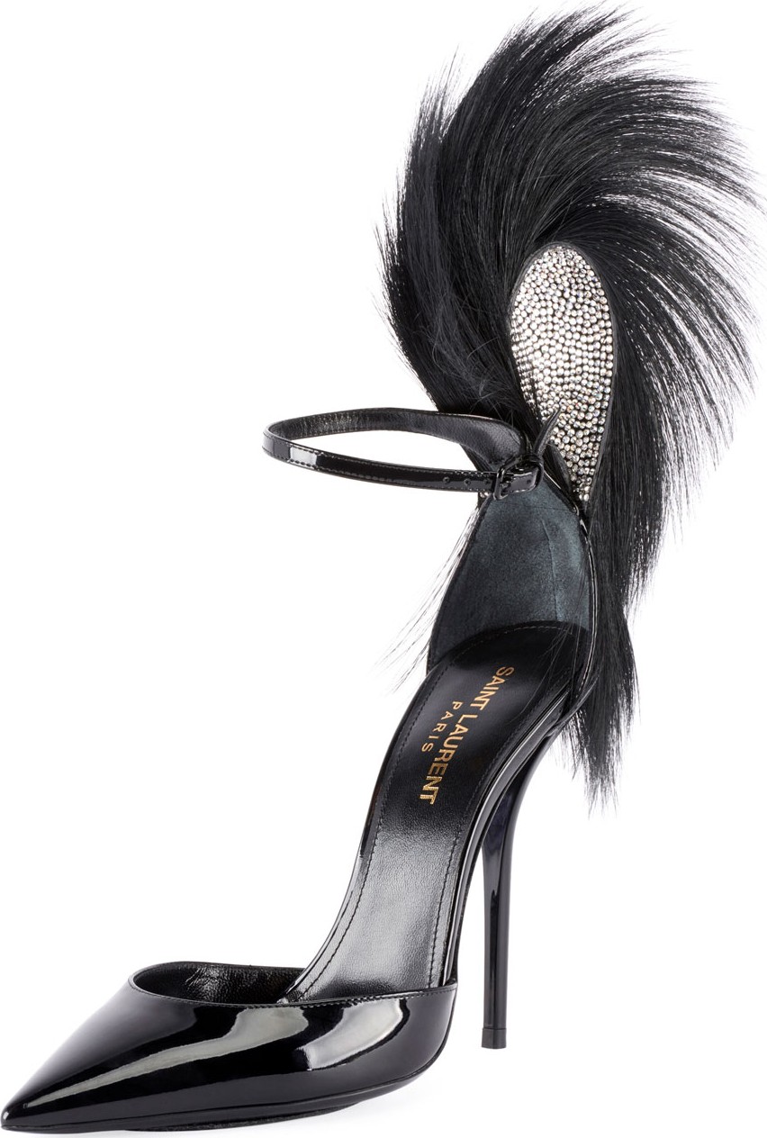 Saint Laurent Jamie Patent Fur-Trimmed Ankle Pumps