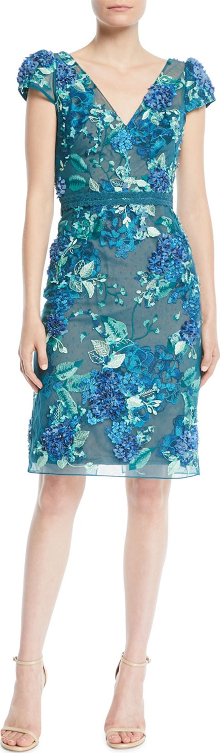 Marchesa Notte 3D Floral Embroidered Cap-Sleeve Dress