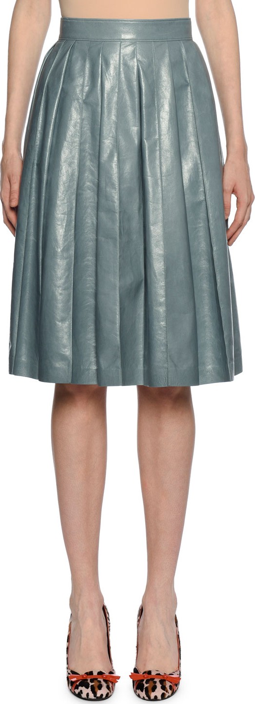 Bottega Veneta Flared Pleated Knee-Length Leather Skirt