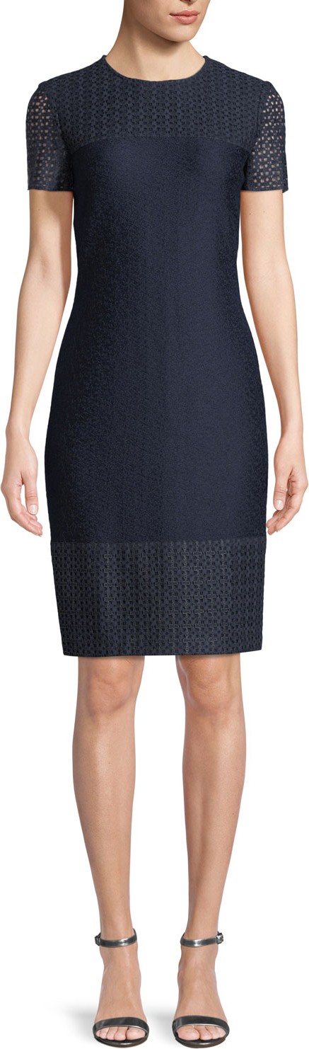 St. John Caris Knit Lace-Trim Short-Sleeve Dress