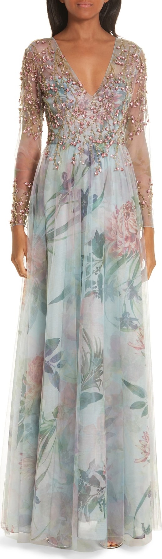 Patbo Beaded Floral Print A-Line Evening Dress