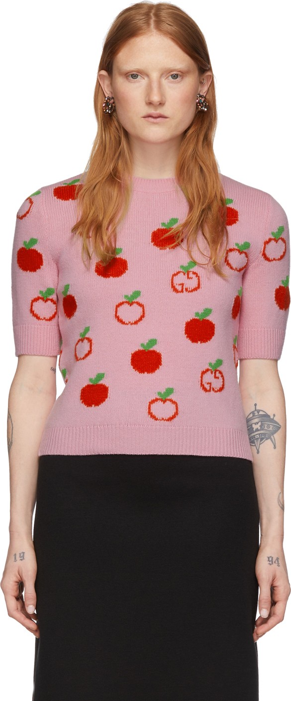 Gucci Pink Jacquard GG Apple Half-Sleeve Sweater