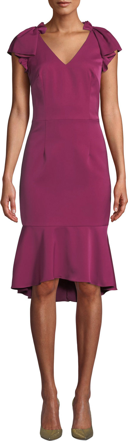 David Meister V-Neck Flutter-Sleeve Flounce Dress