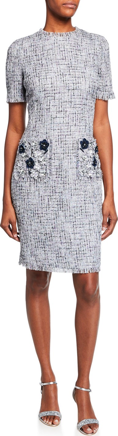 Rickie Freeman for Teri Jon Crewneck Short-Sleeve Tweed Dress with 3D Flower Pockets