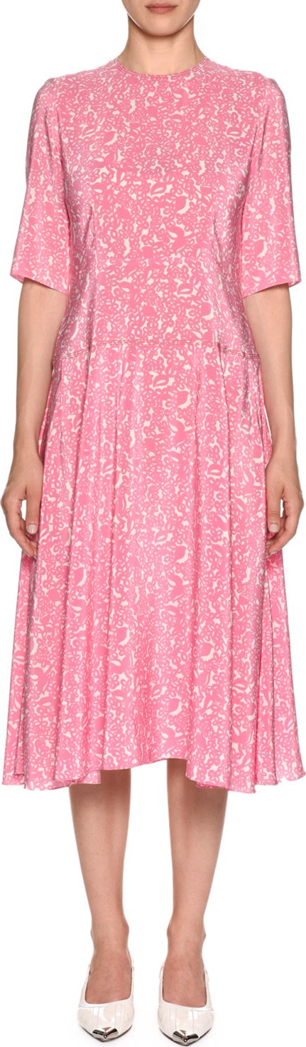 Marni Elbow-Sleeve Lily-Print Silk Woven Midi Dress