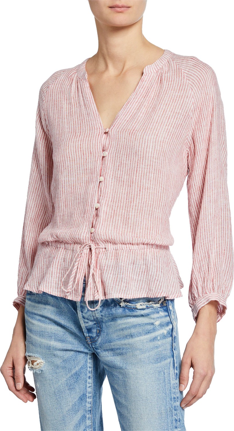 RAILS Marti Striped V-Neck Long-Sleeve Drawstring Blouse