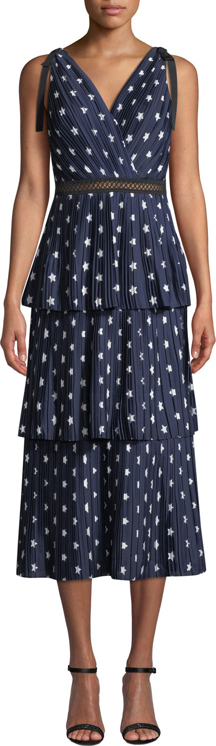 Self Portrait Tiered Star-Print Crepe de Chine Midi Dress