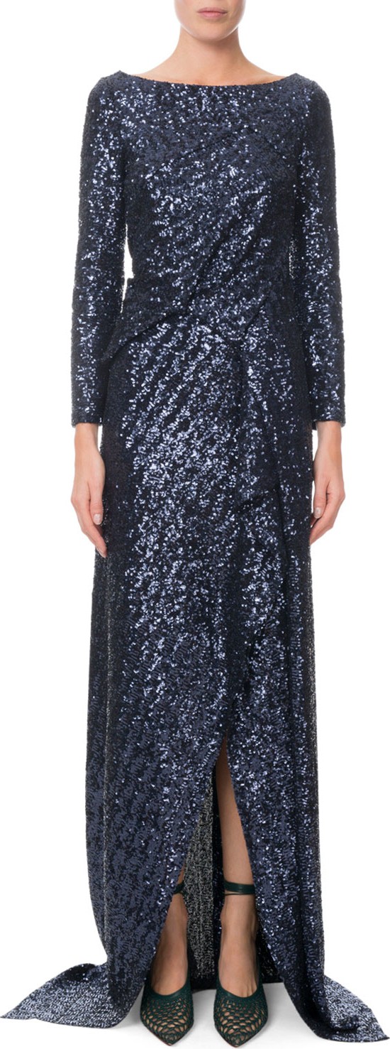 Roland Mouret Long-Sleeve Twisted Sequin Gown