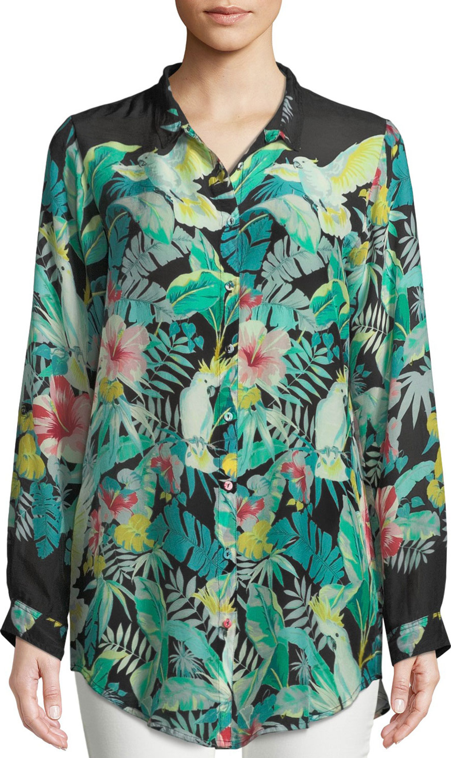 Johnny Was Solo Long-Sleeve Button-Front Tropical Blouse